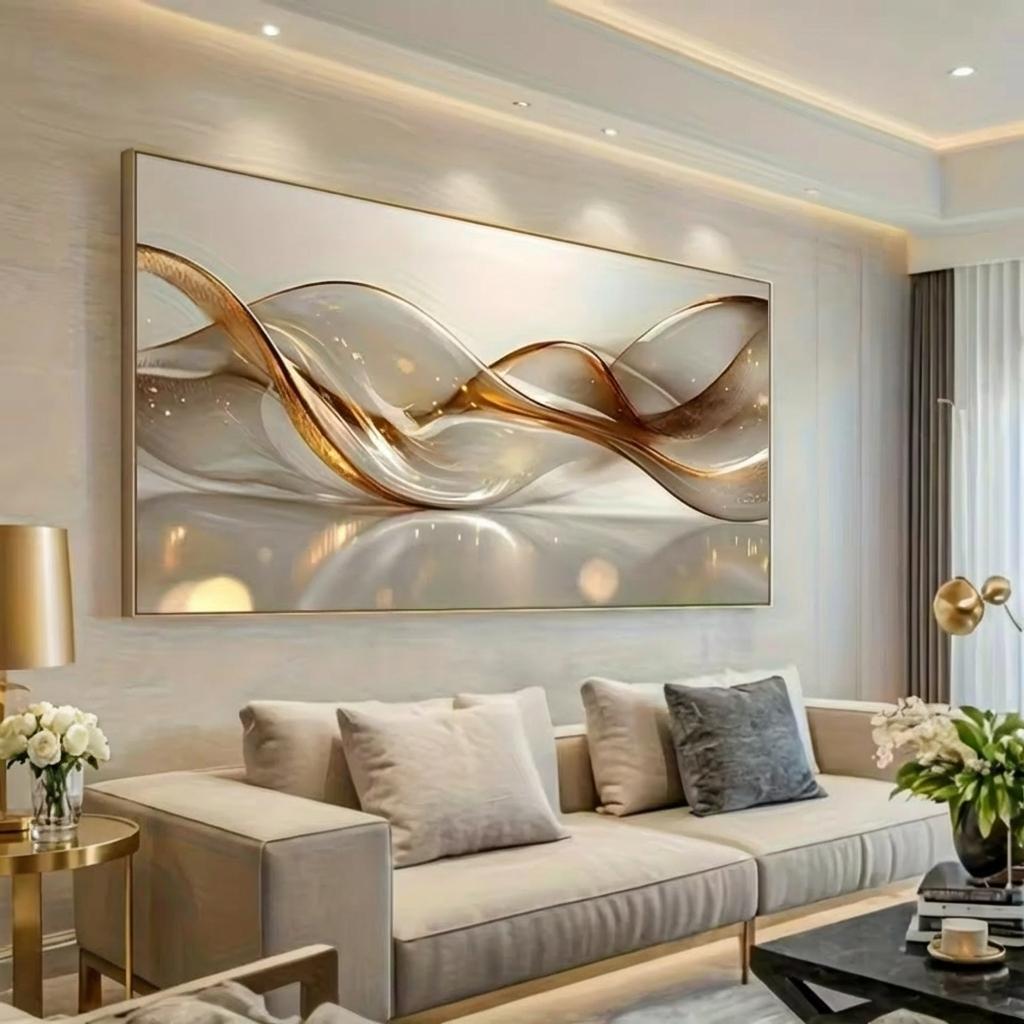 Modern Abstract Golden Fluid Wave Canvas Wall Art for Living Room Decor